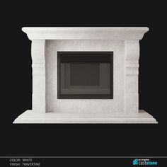 an architectural rendering of a fireplace in white marble with black background and text below it