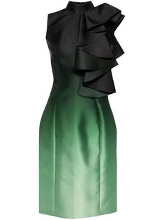 green mikado gradient effect ruffled detailing high neck concealed rear zip fastening sleeveless thigh-length straight hem Bohemian Wedding Guest, Edgy Glam, Saiid Kobeisy, City Dress, Tailored Dress, Summer Beach Wear, It's Cold, Cocktail Dress Party, Green Dress