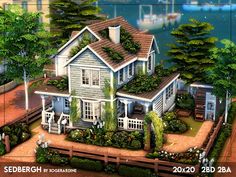 an artist's rendering of a house in the middle of trees and shrubs, surrounded by water