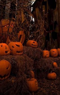 pumpkins on hay bales in front of an old wooden shed with carved faces