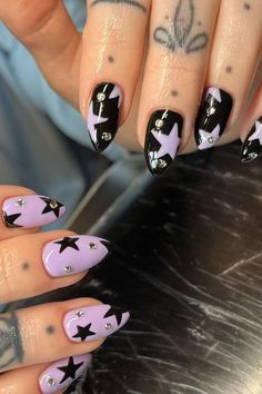 fOLOW me for more Music Nails Acrylic, Purple Grunge Nails, Purple Nails With Stars, Guts Nails, Purple And Black Nail Ideas, Purple And Black Nails Designs, Black And Purple Nail Ideas, Purple Goth Nails, Olivia Nails