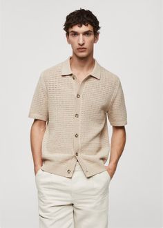 Openwork knit polo with buttons - Men | Mango Man USA Men's Summer Outfit, Dressing Ideas, Wedding Outfit Men, Beige Outfit, Mango Man, Men Fashion Casual Outfits, Summer Knitting, Polo Neck