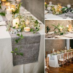 the table is set with candles and greenery