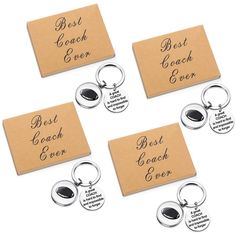 four personalized metal key chains with engraved names and date on them, set of 4