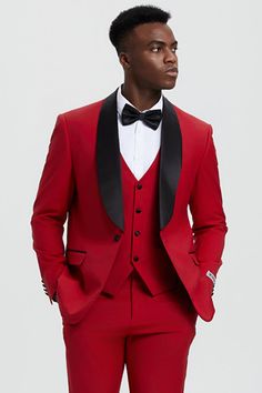 This one button tuxedo by Stacy Adams features a wide black satin shawl lapel, matching pants and vest. This comes in a hybrid fit (Sizes 34-44 = Slim Fit | Sizes 46+ = Modern Fit) Elegant Tailored Red Three-piece Suit, Satin Tuxedo With Notch Lapel For Formal Events, Tailored Satin Tuxedo With Notch Lapel, Red Notch Lapel Tuxedo For Wedding, Red Tailored Tuxedo Three-piece Suit, Fitted Tuxedo With Shawl Collar For Black-tie Events, Red Fitted Tuxedo With Suit Collar, Party Tuxedo With Shawl Collar And Single Breasted Design, Red Tailored Three-piece Suit For Formal Occasions