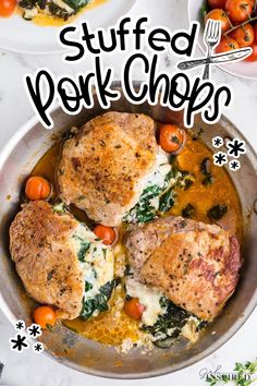 stuffed pork chops in a skillet with tomatoes and spinach on the side