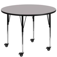 a round table with four wheels on the bottom and one leg up to it's center