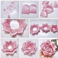 how to make a paper flower with ribbon and satine - like material, step by step