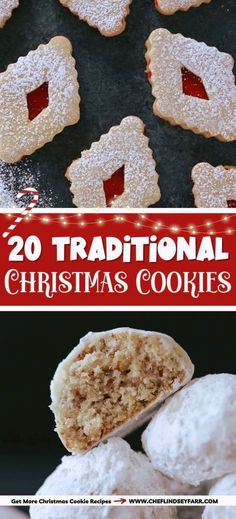 christmas cookies with the words 20 traditional christmas cookies on top and below it in red