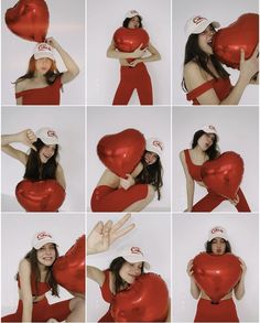 a collage of photos shows a woman holding a heart shaped balloon and posing for the camera