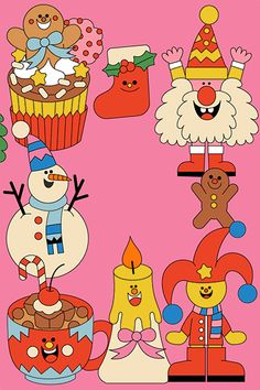 an image of some cartoon characters on a pink background with cupcakes and candles