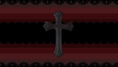 a cross on a red and black striped background with an ornate border around it,