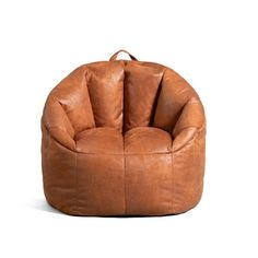 a brown leather bean bag chair on a white background