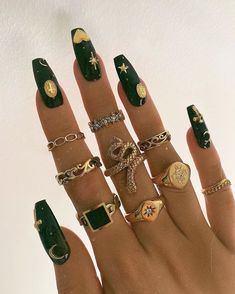 Year Ring, Moon Nails, Lace Nails, Ring Display, Edgy Nails, Gold Nail, Green Nail, Nail Candy, Nail Ring