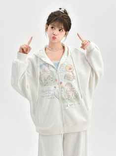 This loose-fit white hoodie combines casual comfort with playful charm, featuring a cute lamb print and a cozy hood. The design is accented with a sweet bowknot detail.  Garment Size   	 		 			Size 			S 			M 			L 		 		 			Full Length 			62.5 			64.5 			66.5 		 		 			Shoulders 			70 			72 			74 		 		 			Bust 			126 			130 			134 		 		 			Hem Circumference 			106 			110 			114 		 		 			Cuff 			21 			22 			23 		 		 			Sleeve Length 			44 			45 			46 White Kawaii Hoodie Outerwear, Cute Oversized White Outerwear, Oversized White Kawaii Sweatshirt, Kawaii White Hoodie For Spring, White Kawaii Sweatshirt With Drawstring Hood, White Kawaii Hoodie With Cartoon Print, White Kawaii Hoodie Sweatshirt, Kawaii White Hoodie Sweatshirt, White Kawaii Hoodie With Drawstring