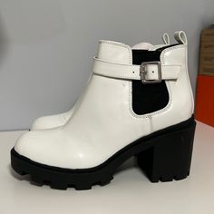 Never Worn Before But There Are A Few Scuffs From Moving Them Around Without A Box. See Photos, Can Probably Be Buffed Out. Casual White Block Heel Shoes, Trendy White Boots With Block Heel, Casual White Heels With Buckle Closure, White Casual Heels Medium Width, Casual White Heels Medium Width, Casual White Ankle Boot Heels, Trendy White Heels For Fall, Casual White Heels For Fall, Heeled Combat Boots