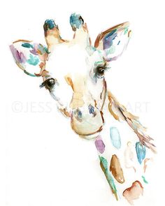 a watercolor painting of a giraffe's head with spots on it