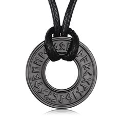 a black necklace with an open circle and two braids on the front, hanging from a