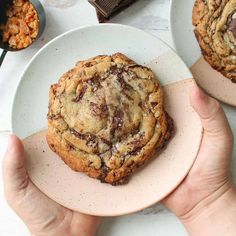 two chocolate chip cookies sitting on top of a white plate