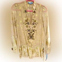 Gorgeous Sheer ,Gold Tunic Blouse With Sewn In Embellishments! Extra Buttons High End Quality! Size Xs Runs A Bit Oversized Beautiful Detailing Throughout! 85%Silk 15%Lurex Style# Ogl12753 Tunic Blouse, Embellishments, Top Blouse, Womens Tops, Silk, Women Shopping, Gold, Color