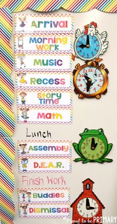 a bulletin board with various stickers on it and an image of a wall clock