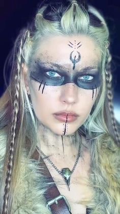 Scary Viking Costume, Viking Medicine Woman, Norse Valkyrie Makeup, Viking Sorceress Cosplay, Nordic Halloween Costume, Viking Face Makeup, Viking Women Makeup Faces, Viking Witch Makeup Tutorial, Pagan Witch Costume Diy