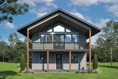 this is an artist's rendering of a modern house in the country side with porches and balconies