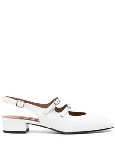 optical white calf leather patent finish slingback strap two buckle-strap fastenings round toe 35mm low block heel branded insole Eyewear Logo, Carel Paris, Off White Belt, White Pumps, Mary Jane Pumps, Ballerina Shoes, Leather Mary Janes, Ballet Flat Shoes, Pump Sandals