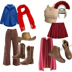 four different types of clothing and accessories including boots, hats, scarves, scarfs