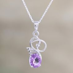 Glowing with lavender light amethyst is said to bring about pleasant dreams. The mystical gem is set in sterling silver for a necklace of spectacular elegance from India's Parul. .925 Sterling silver Silver Birthstone Necklace With Teardrop Gemstone Pendant, Purple Teardrop Pendant Fine Necklace, Fine Jewelry Purple Teardrop Pendant Necklace, Purple Spiritual Necklace With Large Pendant, Spiritual Purple Pendant Jewelry, Silver Crystal Oval Pendant Necklace With Gemstone, Spiritual Purple Necklace With Large Pendant, Silver Crystal Necklace With Oval Gemstone Pendant, Spiritual Purple Jewelry With Large Pendant