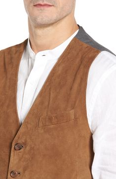 Take your look to the next level with this stylish suede front vest. Brown Semi-formal Vest With Notch Lapel, Tailored Single-breasted Brown Vest, Brown Single-breasted Sleeveless Vest, Military Cotton Vest With Cargo Pockets, Men's Sportswear, Leather Cleaner, Leather Cleaning, Mens Sportswear, Nordstrom Store