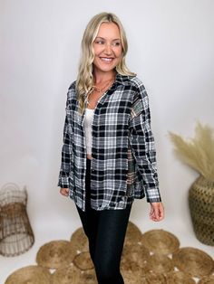 Contrast Flannel Casual Shirt with Frayed Hems Elevate your casual wardrobe with our Contrast Flannel Casual Shirt. This button-down, long sleeve shirt features a timeless black and white plaid pattern with a subtle pop of olive, adding a touch of modern flair. The frayed hem details throughout give it a relaxed, laid-back vibe, perfect for everyday wear. The relaxed fit ensures comfort and versatility, making it an ideal choice for a variety of settings. Wear it to a pumpkin patch outing, a cas Black Long Sleeve Flannel Shirt For Fall, Black Flannel Shirt For Work, Black Long Sleeve Flannel Shirt With Button Closure, Black Flannel Shirt With Button Closure, Black Flannel Top For Fall, Black Long Sleeve Flannel Shirt, Trendy Black Flannel Top, Plaid Flannel Top With Button Closure, Plaid Long Sleeve Flannel Shirt With Button Closure