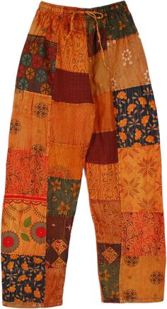 Beat the heat in style with these orange-hued patchwork pattern long pants, as vibrant as the sun.  The pants have a multi patchwork display with assorted motifs which look very boho. #tlb #SplitSkirtsPants #Patchwork #Tall #Fall #bohemianfashion #Handmade #TallHippiePants Hippie Pants Pattern, Sun Pants, Boho Patchwork Pants, Patchwork Pants Pattern, Patchwork Pants Diy Sewing Patterns, Orange Cotton Bottoms For Festival, Hippy Pants, Hippie Patterns, Brown Patchwork Pants For Summer