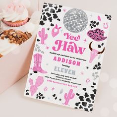 a pink and black cowboy themed birthday party with cupcakes, muffins, and more