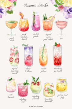 a watercolor drawing of different types of cocktails and their names on the side