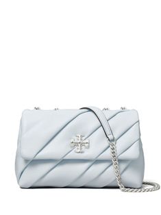 blue leather quilted chain-link shoulder strap main compartment foldover top embossed logo to the front Tory Burch Shoulder Bag, Dream Bag, Tory Burch Kira, Small Shoulder Bags, Blue Accessories, Womens Designer Handbags, Bag Collection, Chic Outfit, Designer Shoulder Bags