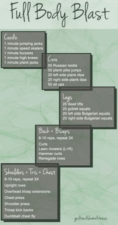 the full body blast workout plan is shown in green and gray colors, with instructions for each