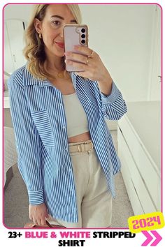 Blue and white striped shirt styled for an everyday casual look, offering comfort and style with soft stripes that add a touch of sophistication. Perfect for a day out or casual meetups with friends.