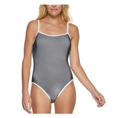 Calvin Klein Black / White Ribbed Straight-Neck One-Piece Swimsuit 18 Nwt Retails $118 Removable Padding, Support Shelf, Ribbed Stripes, Silver Tone Logo On Back, Fully Lined, Nylon/Polyester/Spandex 1682 Calvin Klein Swimwear For Swimming, Casual Calvin Klein Swimwear For Beach, Spring Swimming Ribbed Bodysuit, Calvin Klein Black Swimwear For Beach, Calvin Klein Black, Womens Calvin Klein, Womens Swim, Polyester Spandex, One Piece Swimsuit