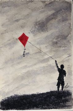 a drawing of a person flying a red kite