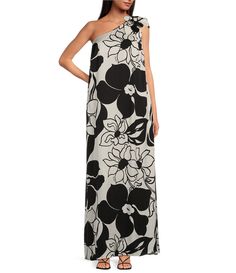 From Tara Jarmon&#x2C; this dress features:Woven fabricationShift silhouetteAsymmetrical one-shoulder neckline  Flower at shoulder Floral print Fully linedStraight hemline Invisible zip/hook and eye side closure Approx. 59" lengthViscose; lining: polyesterDry cleanImported. Silk Maxi Dress With Asymmetrical Neckline For Spring, Asymmetrical Floral Print Maxi Dress For Evening, Floral Print One Shoulder Evening Dress, Silk Dress With Floral Print And Asymmetrical Neckline, Elegant Asymmetrical Floral Print Maxi Dress, Elegant Asymmetrical Maxi Dress With Floral Print, Elegant Sleeveless Asymmetrical Dress With Floral Print, Elegant Asymmetrical Dress With Floral Print, Elegant Fitted Asymmetrical Dress With Floral Print