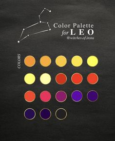 color palette for leo zodiac sign on black paper with white stars in the sky above it