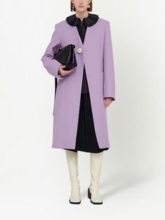 Jil Sander V-neck single-breasted Coat  - Farfetch Chic Lavender Outerwear For Workwear, Chic Lavender Outerwear For Work, Elegant Purple Outerwear With Pockets, Purple Long Coat For Formal Occasions, Formal Purple Long Coat, Purple Single-breasted Outerwear For Work, Purple Wool Outerwear For Work, Elegant Purple Wool Outerwear, Purple Single-breasted Outerwear For Business