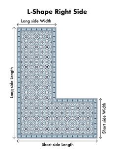 the l - shop right side is shown with measurements for the rug and the length