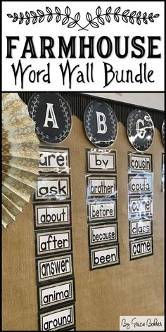 the farmhouse word wall bundle is displayed on a bulletin board with words in black and white