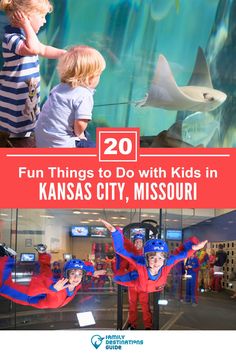 two children in red and blue costumes are looking at the shark tank with text overlay that reads 20 fun things to do with kids in kansas city, missouri