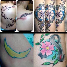 several different tattoos on the back of women's bodies, including flowers and arrows