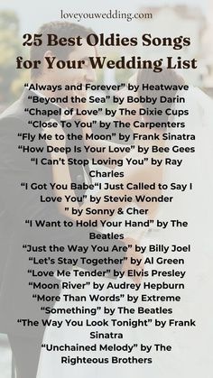 the 25 best oldies songs for your wedding list is shown in black and white