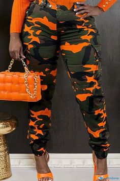 OrcaJump - Urban Camouflage Print Patchwork Zip-Up Plus Size Jacket Camouflage Cargo Pants, Button Decor, Orange Camo, Camo Cargo Pants, Ribbed Knit Sweater, Cargo Pants Women, Cargo Trousers