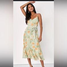 Super Breathable And Comfortable Green Chiffon Midi Dress With Floral Print, Green Floral Print Chiffon Dress For Garden Party, Dresses Sage Green, White Satin Dress, White Floral Midi Dress, Sage Green Floral, Black Lace Midi Dress, Patterned Midi Dress, Chiffon Midi Dress